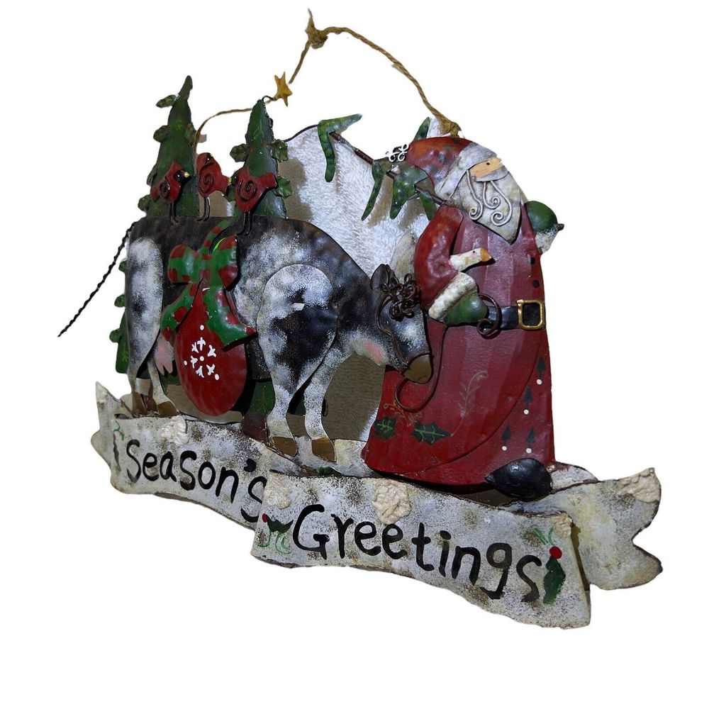 Season’s Greetings Metal Hanging 14x9 Art Sign Christmas Santa Cow Geese Birds